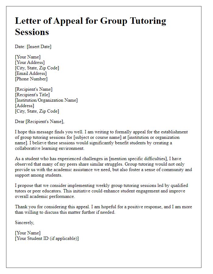 Letter template of appeal for group tutoring sessions