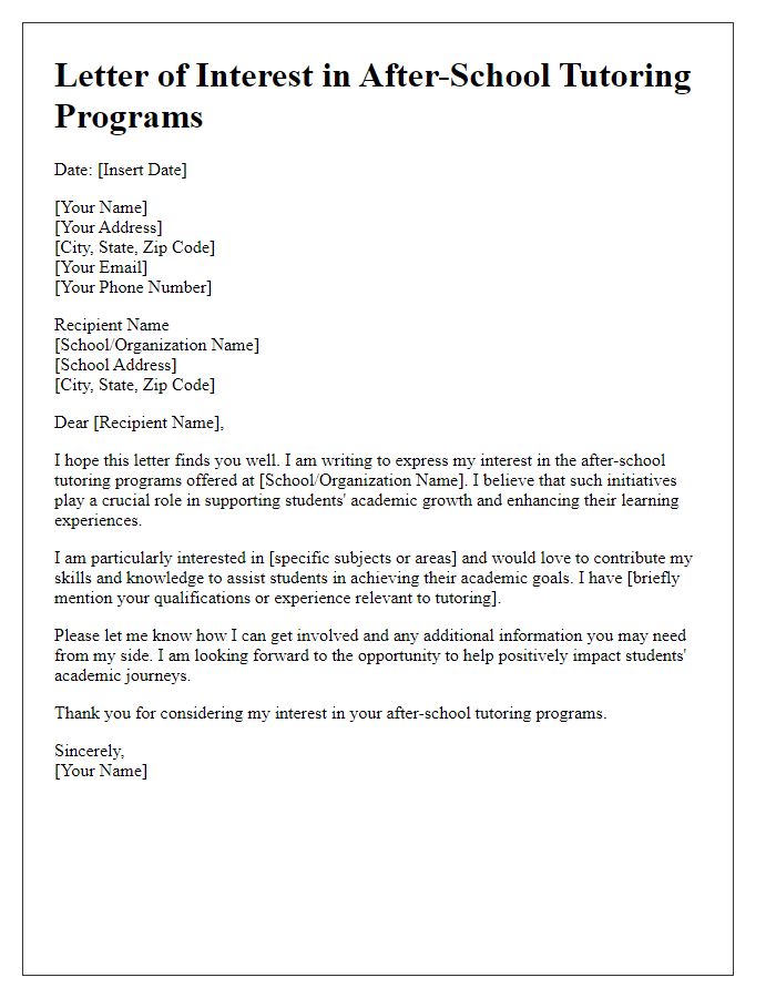 Letter template of interest in after-school tutoring programs