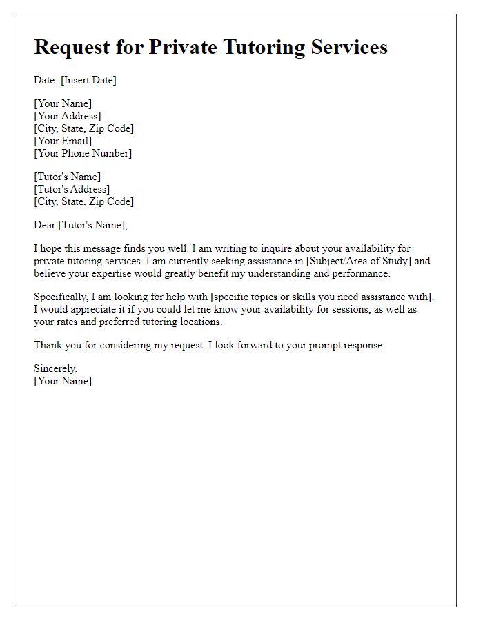 Letter template of request for private tutoring services