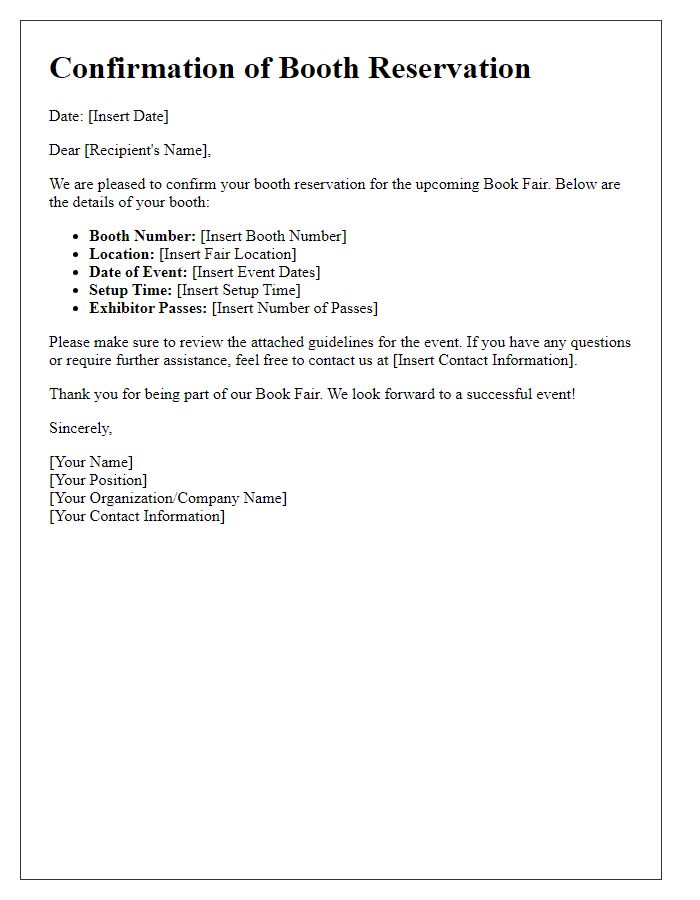 Letter template of confirmation for book fair booth