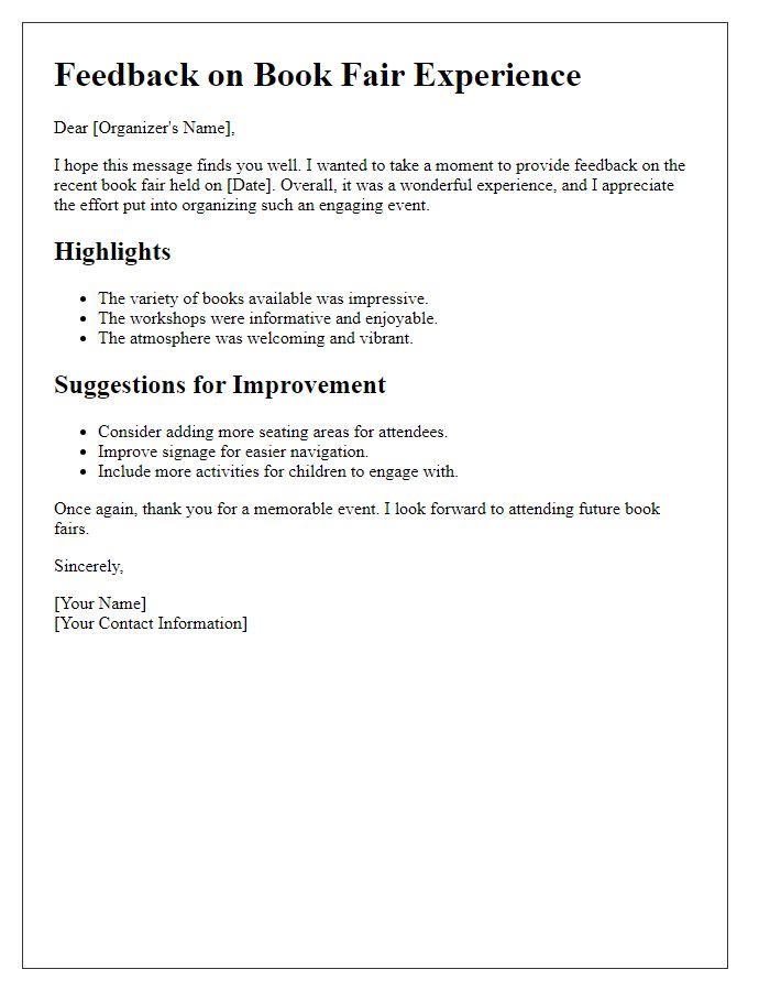 Letter template of feedback after book fair experience