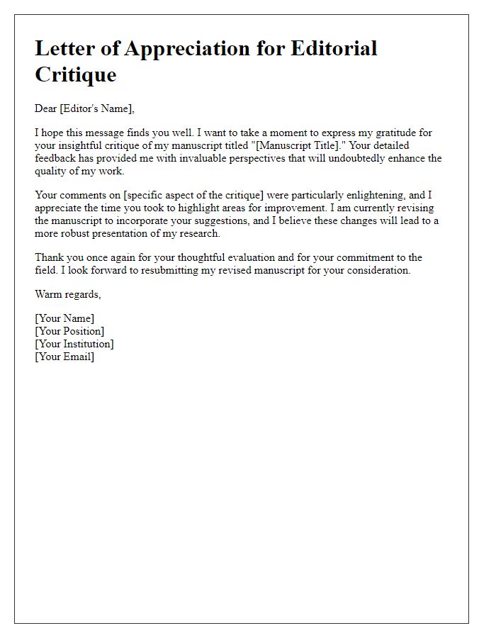 Letter template of appreciative response to editorial critique