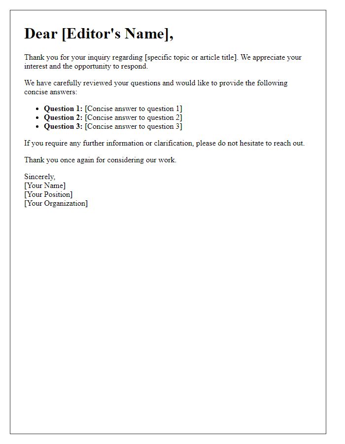 Letter template of concise reply to editorial inquiries