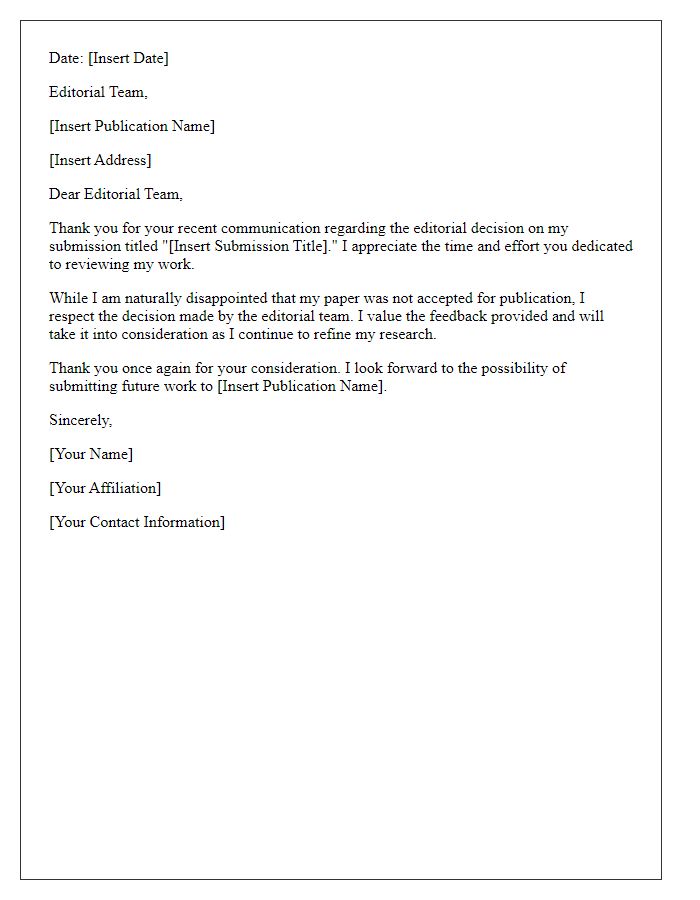 Letter template of respectful reply to editorial decisions