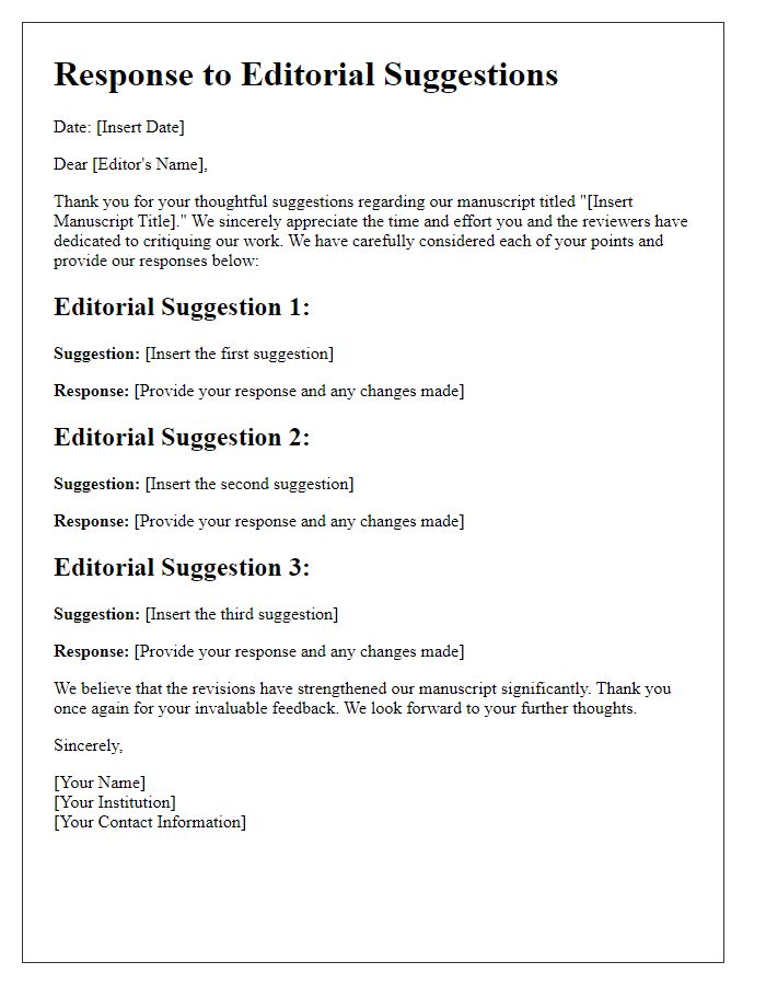 Letter template of structured reply to editorial suggestions