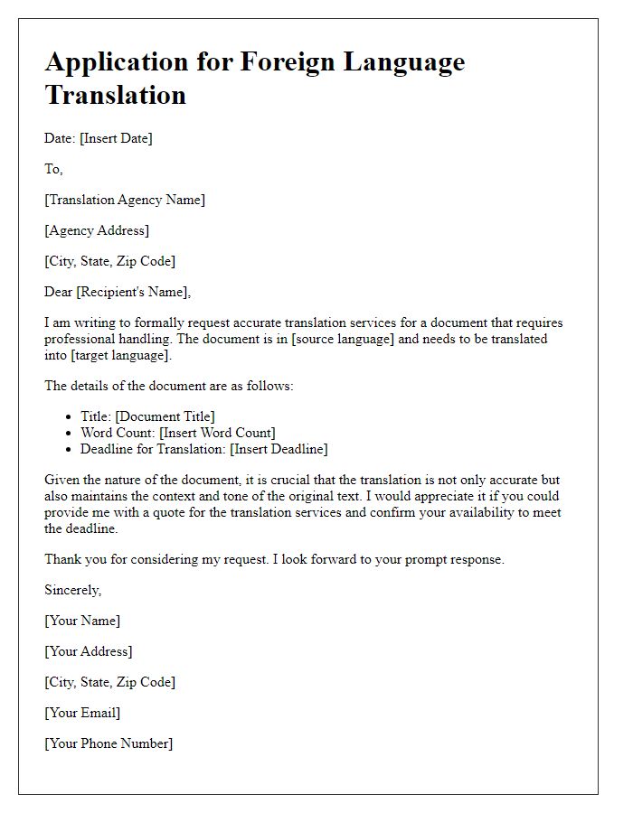 Letter template of application for accurate foreign language translation.