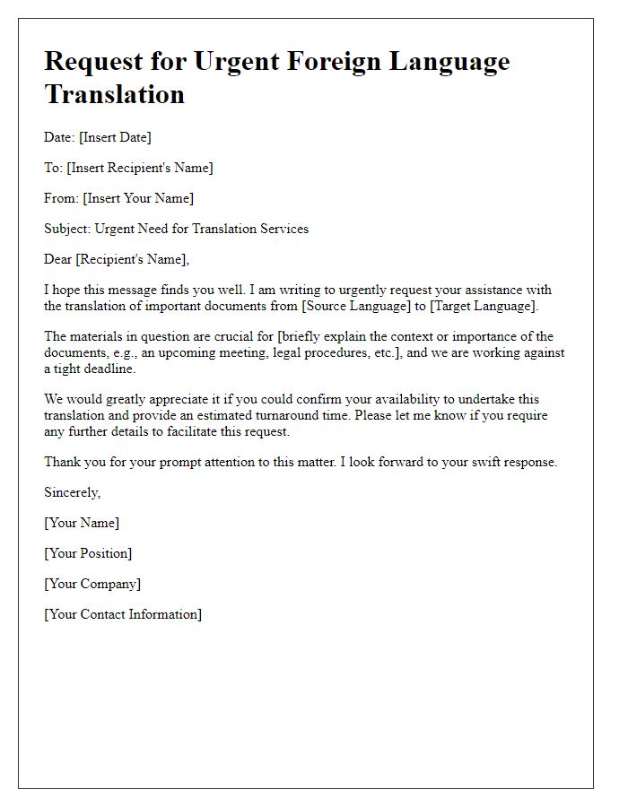 Letter template of need for urgent foreign language translation.