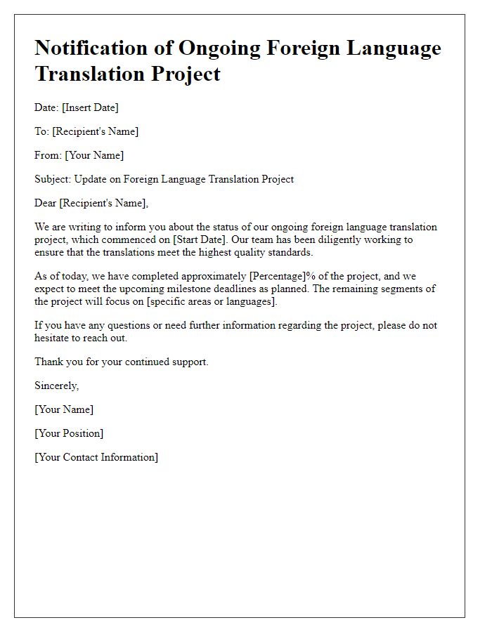 Letter template of notification for ongoing foreign language translation project.