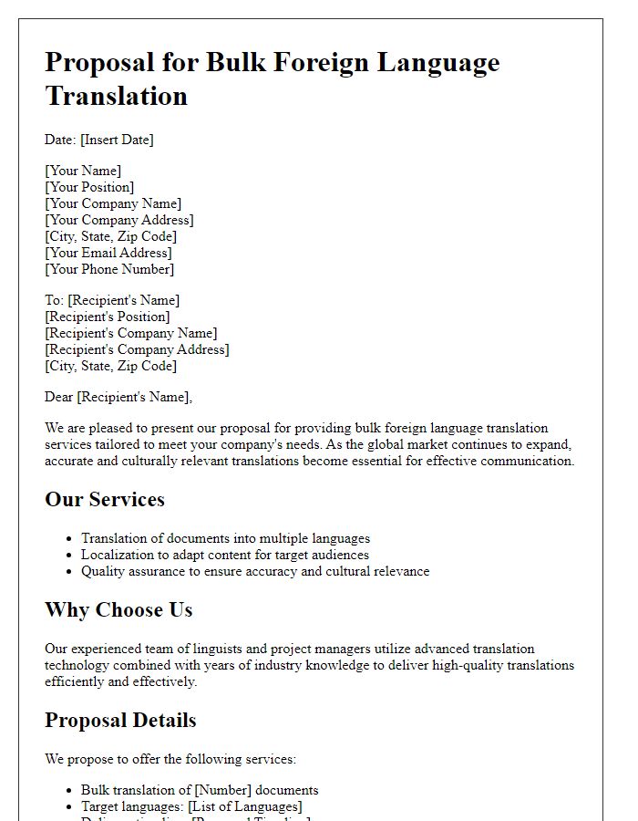 Letter template of proposal for bulk foreign language translation.