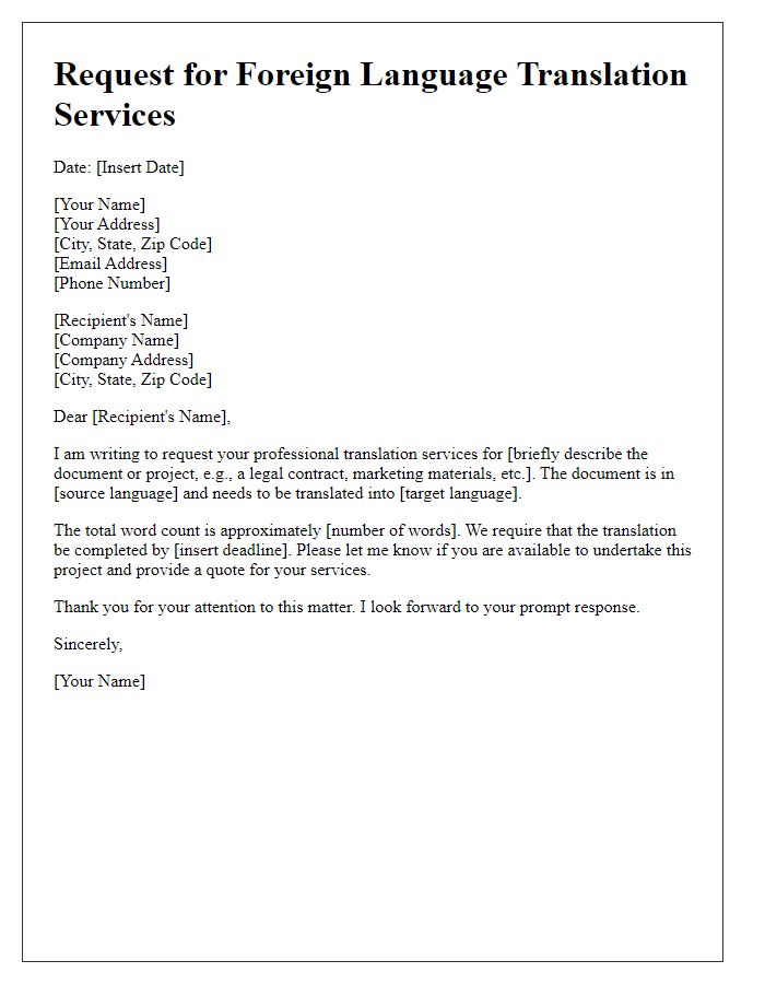 Letter template of request for foreign language translation services.