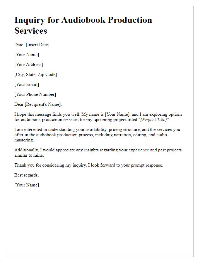 Letter template of inquiry for audiobook production services