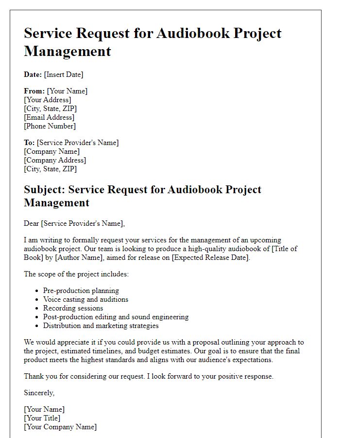 Letter template of service request for audiobook project management