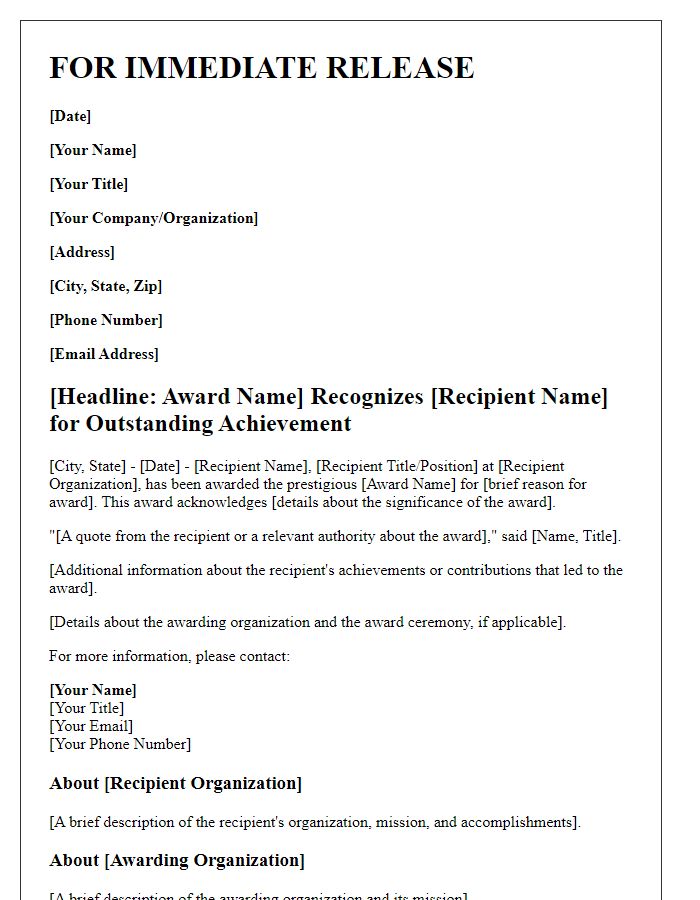 Letter template of press release for award recognition