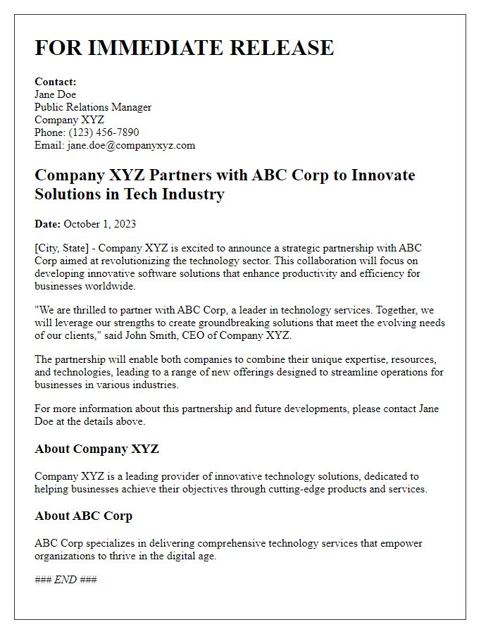 Letter template of press release for company partnership