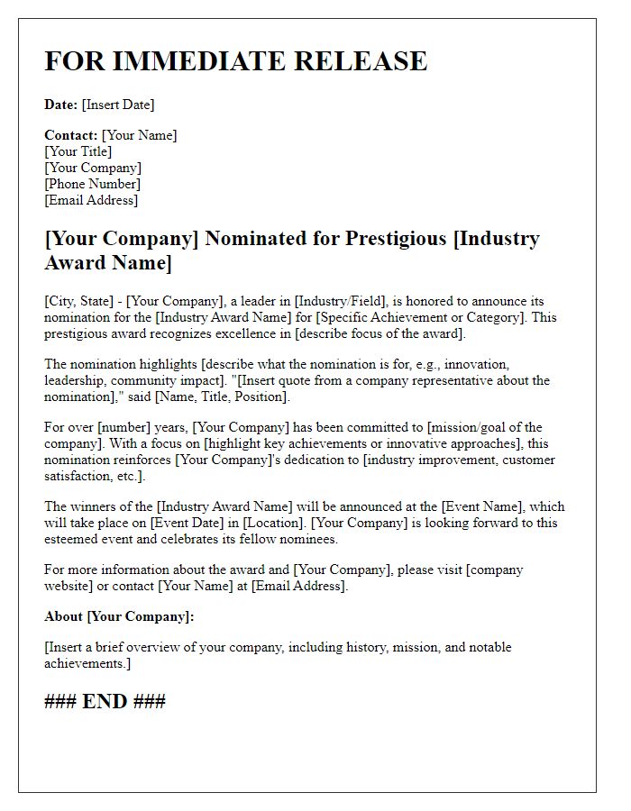 Letter template of press release for industry award nomination