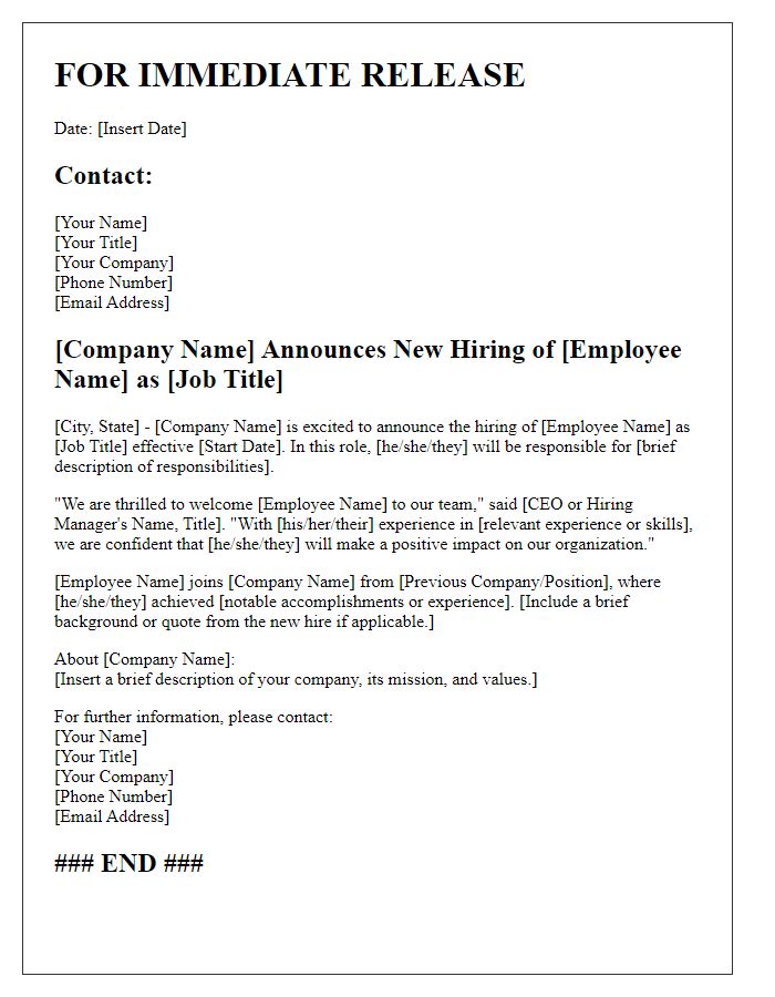 Letter template of press release for new hiring announcement