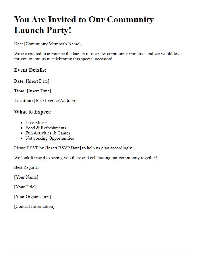 Letter template of a community launch party invitation