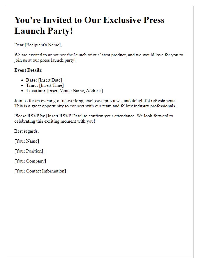 Letter template of a press launch party invitation