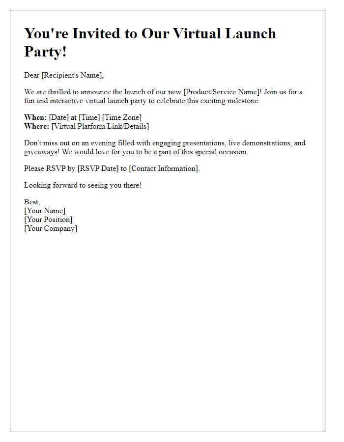 Letter template of a virtual launch party invitation