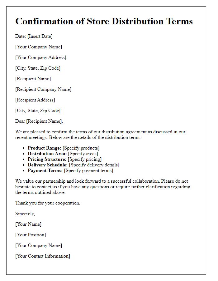 Letter template of confirmation for store distribution terms.