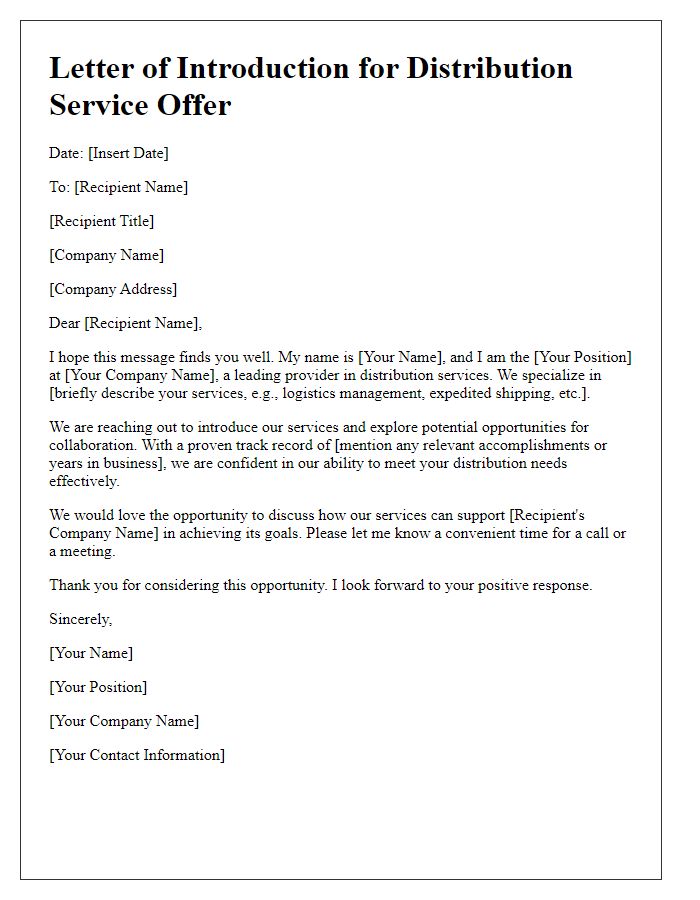 Letter template of introduction for distribution service offer.