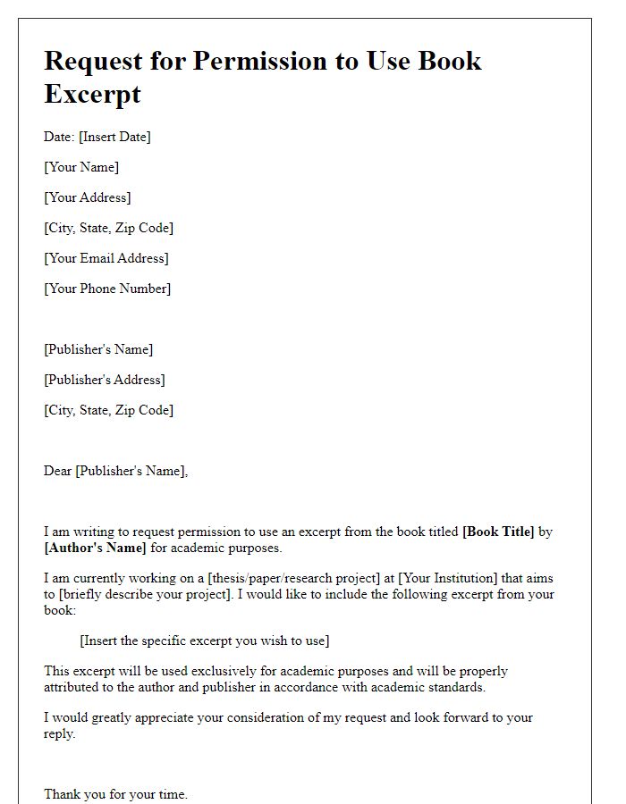 Letter template of request for book excerpt permission for academic use.