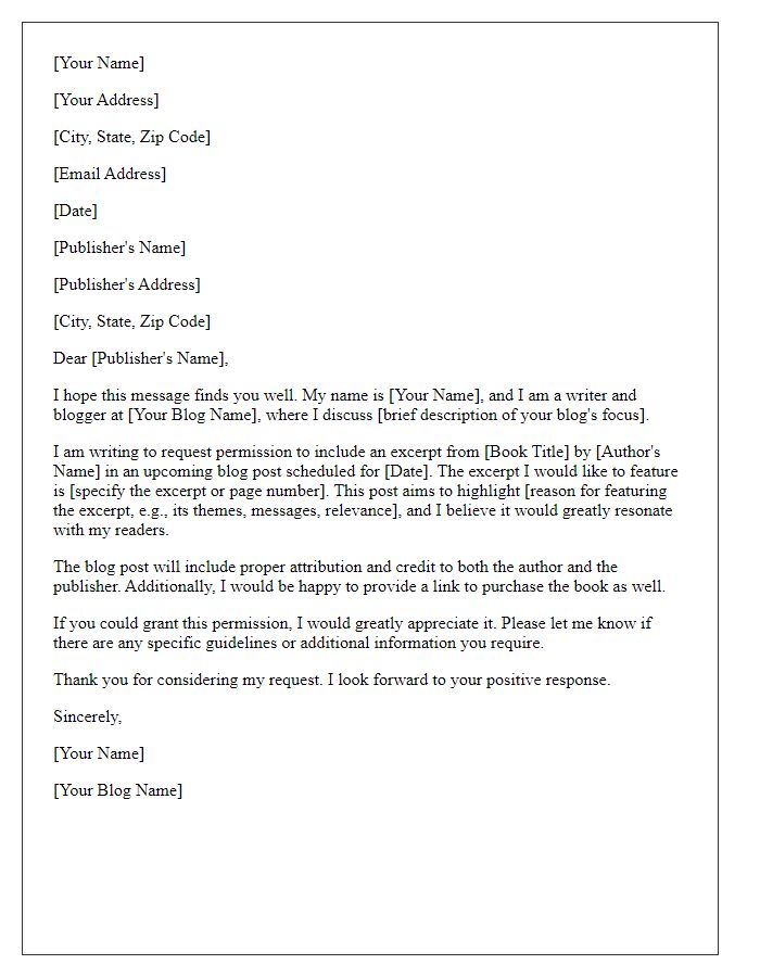 Letter template of request for book excerpt permission for a blog feature.