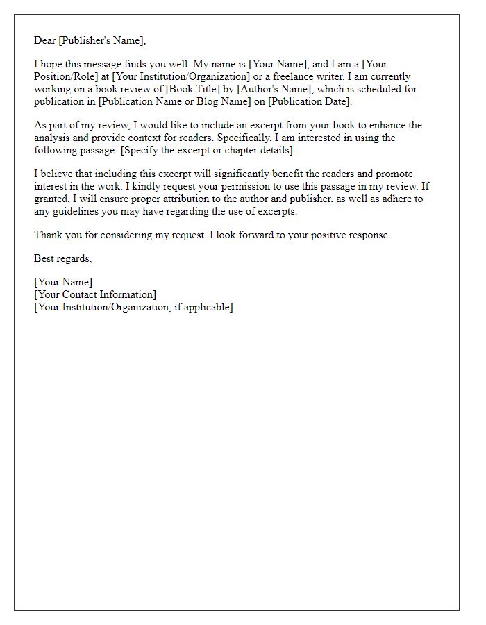 Letter template of request for book excerpt permission for a book review.