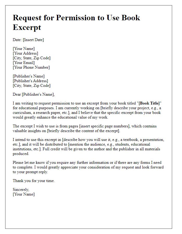 Letter template of request for book excerpt permission for educational materials.