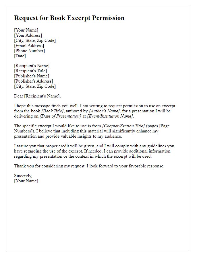 Letter template of request for book excerpt permission for a presentation.