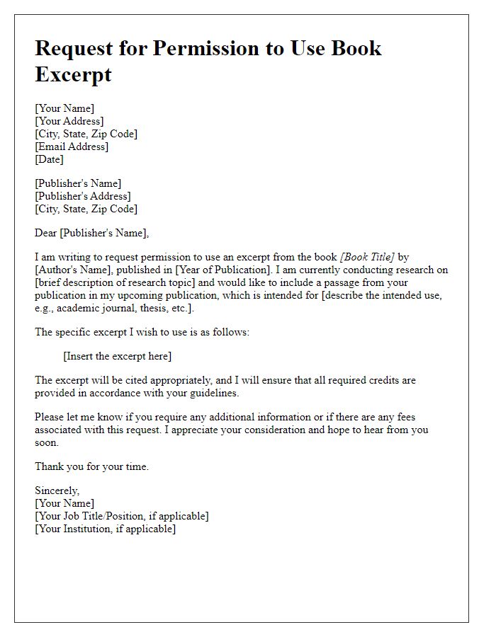 Letter template of request for book excerpt permission for research publication.