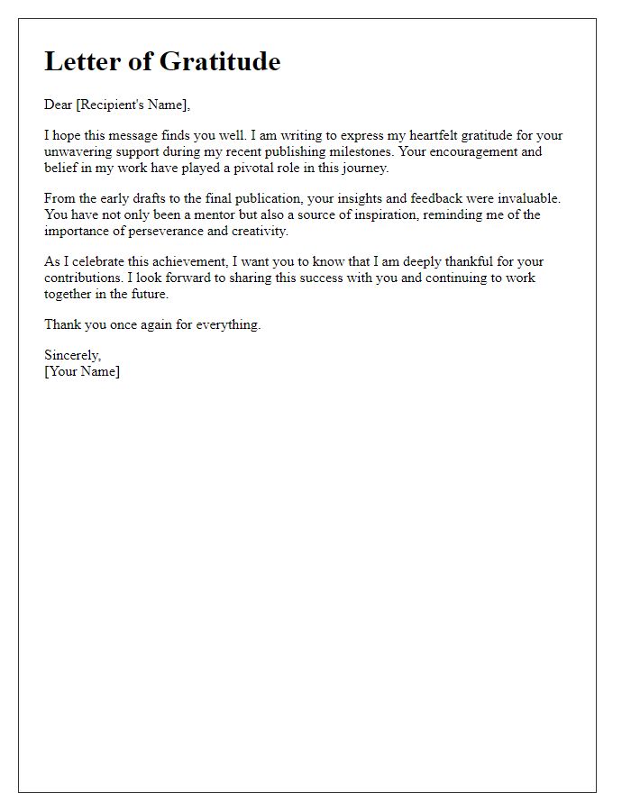 Letter template of expressing gratitude for support during publishing milestones.