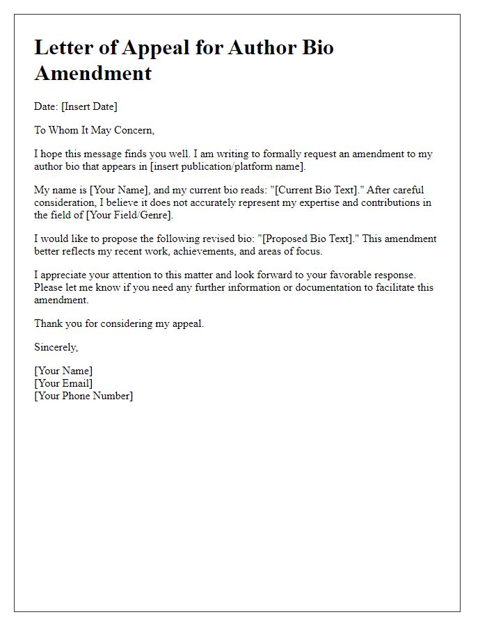 Letter template of author bio amendment appeal