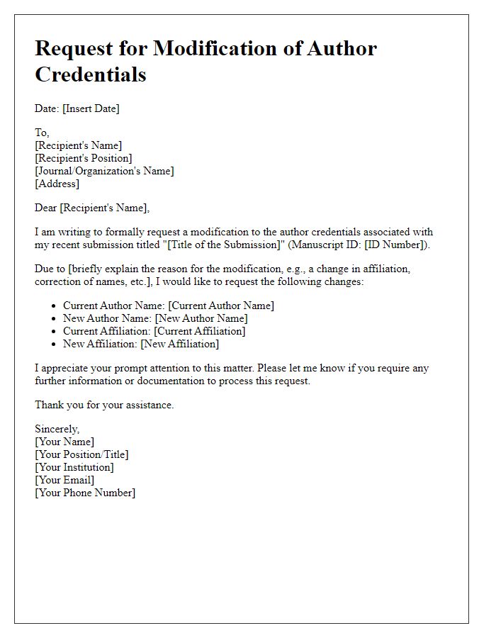 Letter template of author credentials modification request