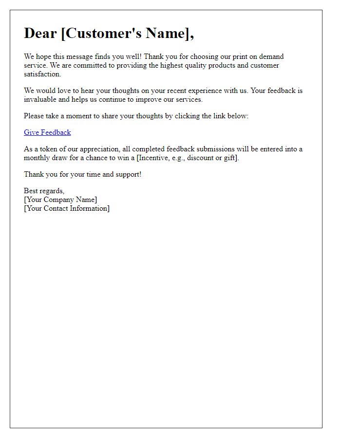 Letter template of print on demand service for customer feedback request.