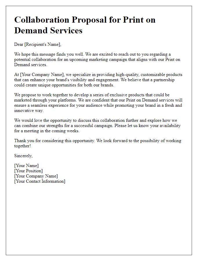 Letter template of print on demand service for marketing campaign collaboration.