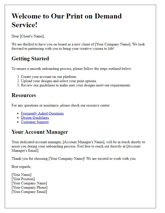 Letter template of print on demand service for new client onboarding.