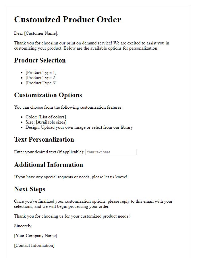 Letter template of print on demand service for product customization options.