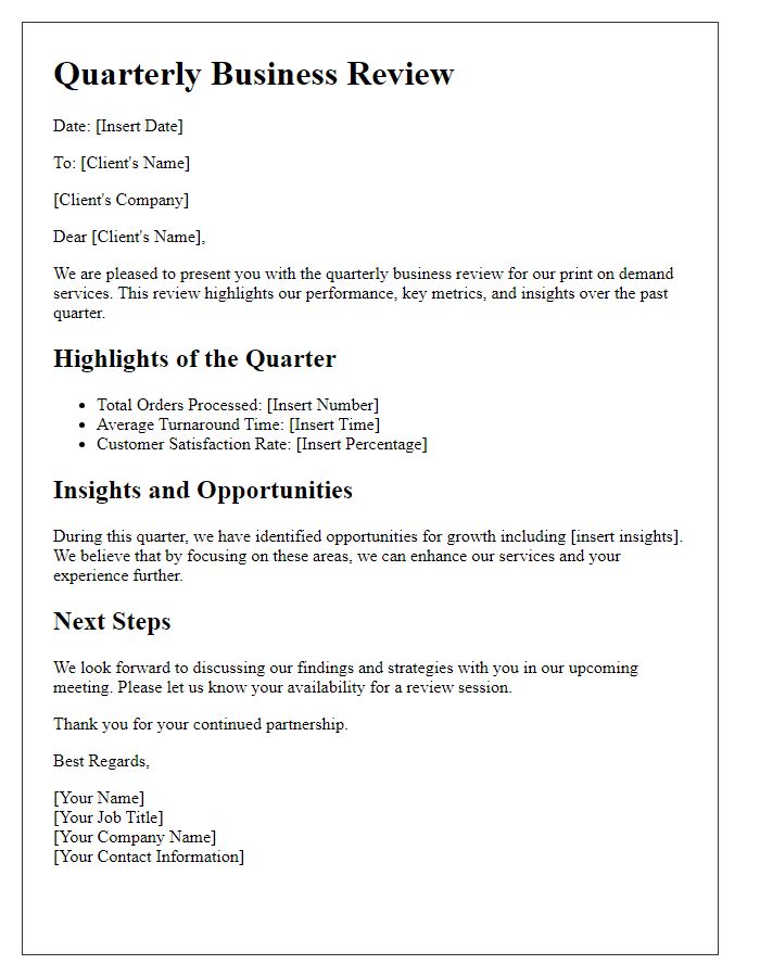 Letter template of print on demand service for quarterly business review.