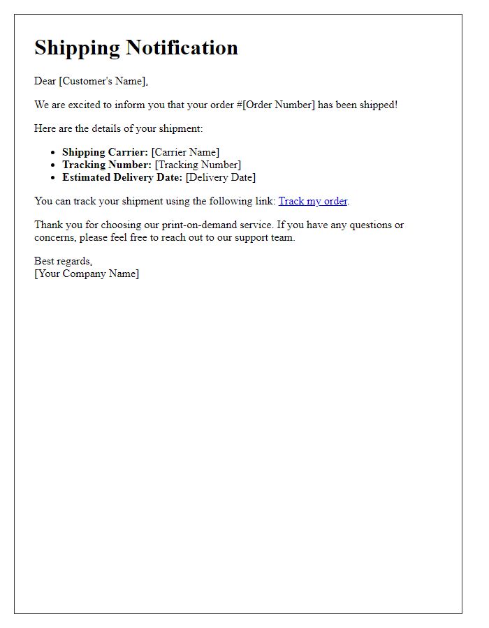 Letter template of print on demand service for shipping notification.