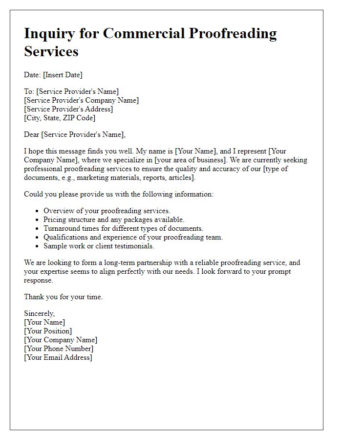 Letter template of inquiry for commercial proofreading services