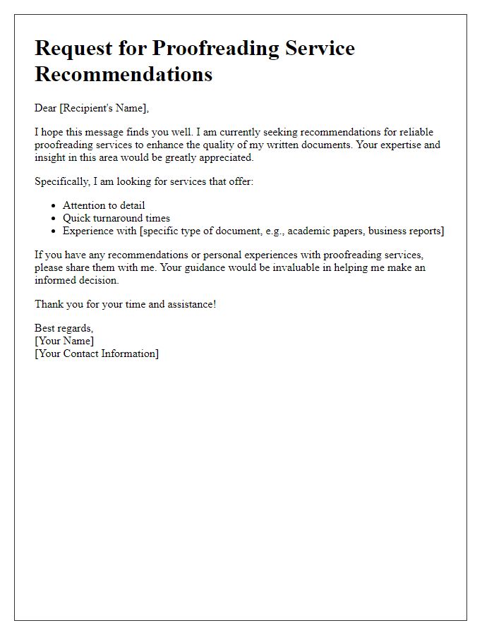 Letter template of request for proofreading service recommendations