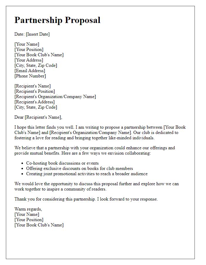 Letter template of book club partnership proposal