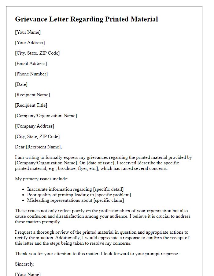 Letter template of grievances regarding printed material