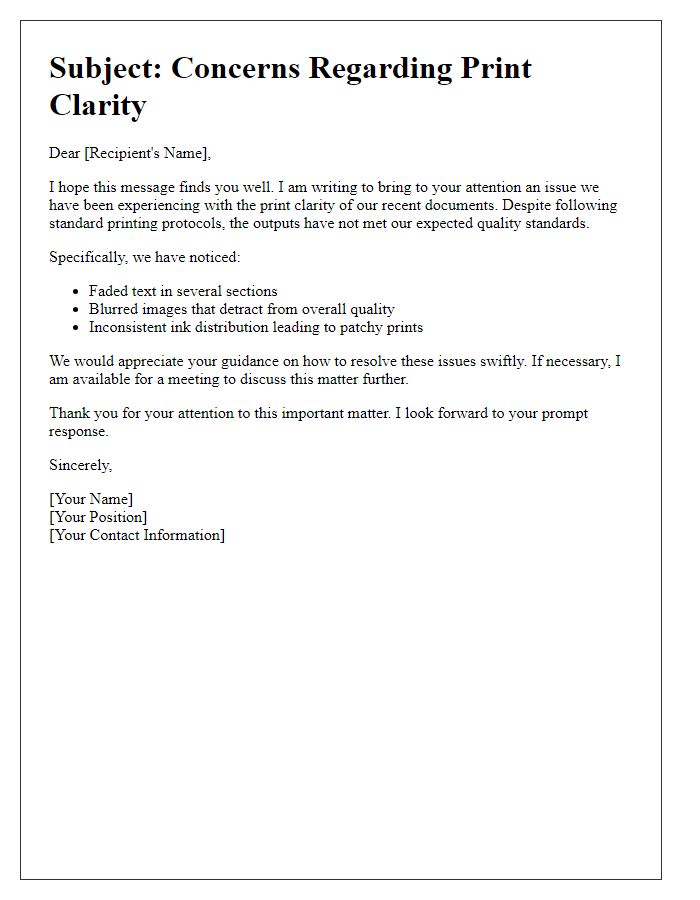 Letter template of issues with print clarity