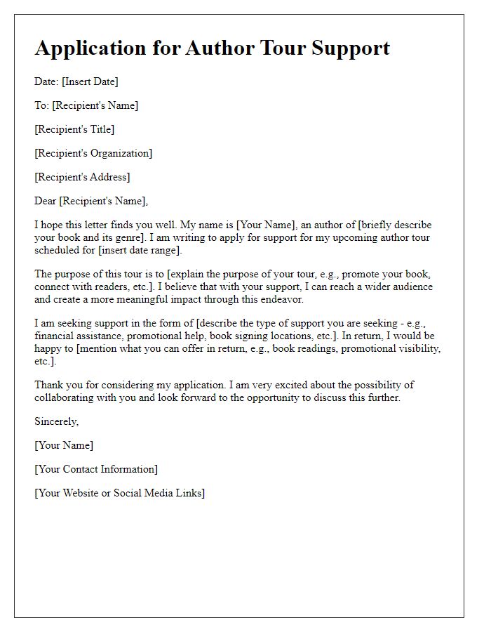 Letter template of application for author tour support.