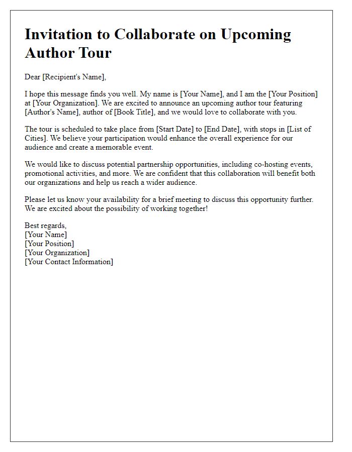 Letter template of collaboration invitation for author tour.