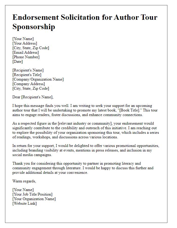 Letter template of endorsement solicitation for author tour sponsorship.