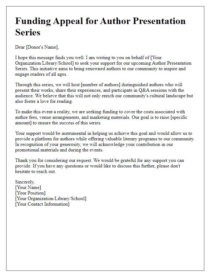 Letter template of funding appeal for author presentation series.