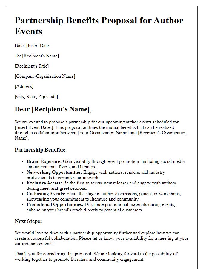 Letter template of partnership benefits proposal for author events.